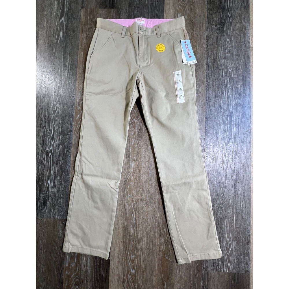 Cat & Jack Chino Pants Kids Size 16 Khaki Tan Reinforced Knee Straight Fit